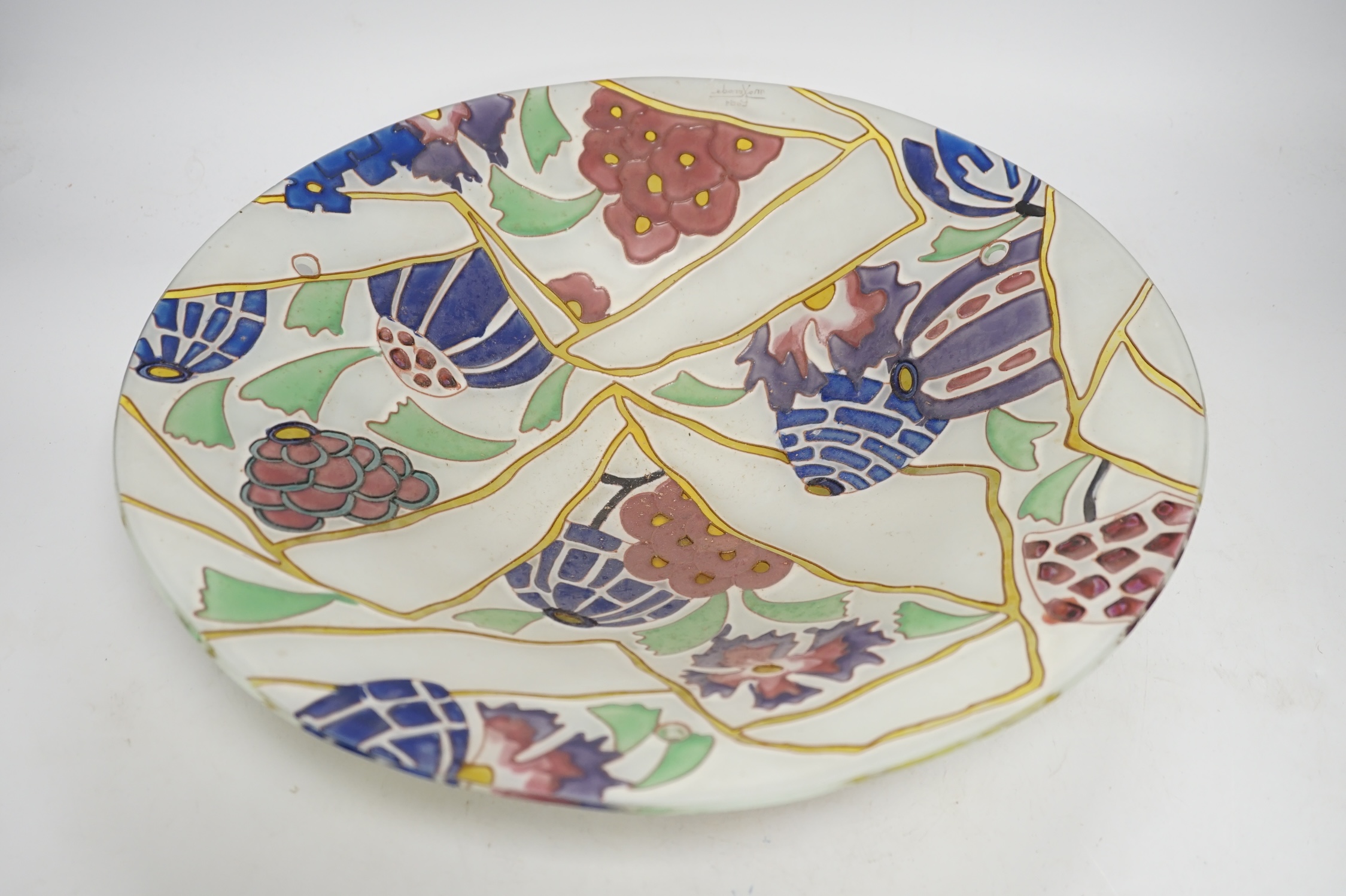An Art Deco Maxonade Verrier, Paris, enamelled glass plafonnier, signed, 40.5cm diameter. Condition - lacking chords otherwise good